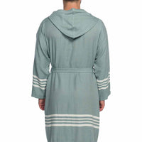 Organic Turkish cotton short bathrobe with hood by Buldano, lightweight Turkish towel robe for men, soft and breathable fabric.