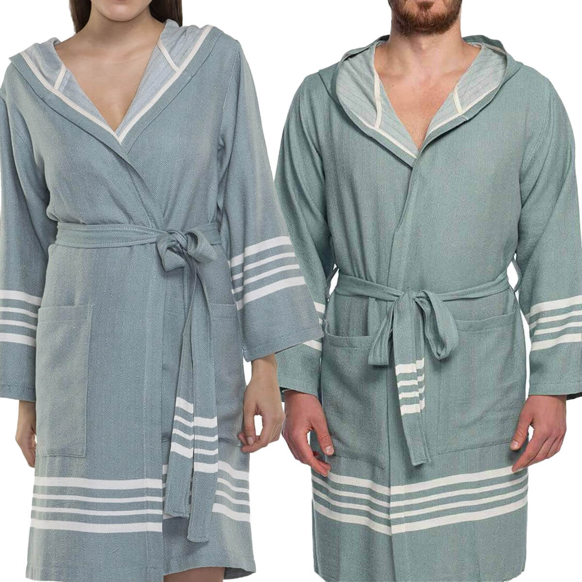 Organic Turkish cotton short bathrobe with hood from Buldano, lightweight Turkish towel-style robe, green color, displayed on model.