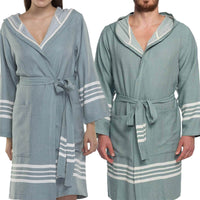 Organic Turkish cotton short bathrobe with hood from Buldano, lightweight Turkish towel-style robe, green color, displayed on model.