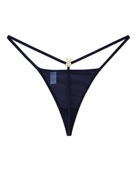 Black BUNNIES ROOM lingerie G-string thong displayed on a model with minimal coverage and adjustable string sides.