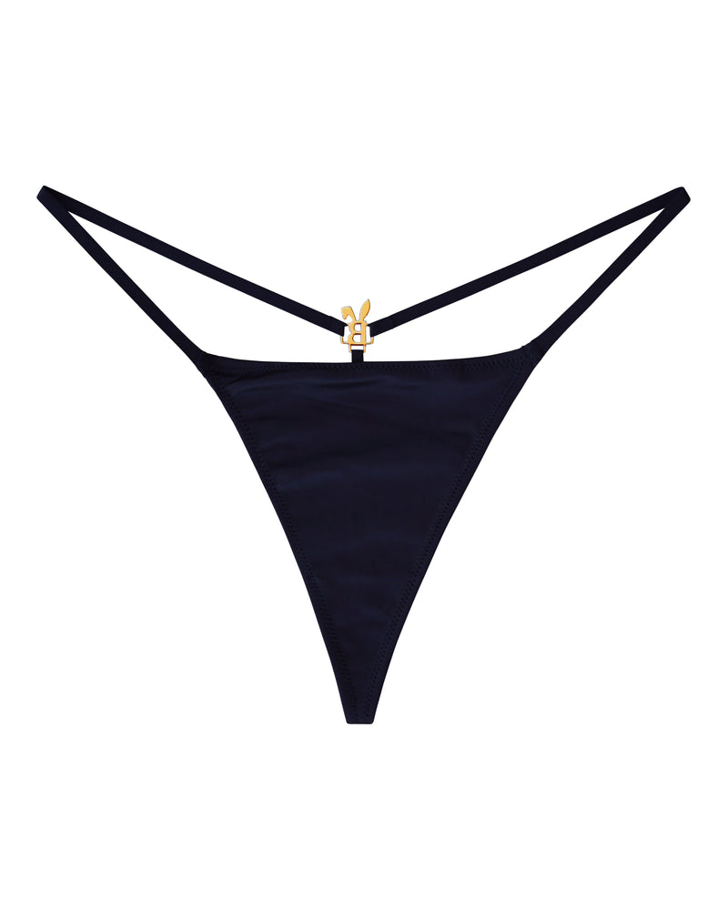 Black Bunnies Room lingerie g-string with minimal coverage, featuring sleek, comfortable design and delicate waistband.
