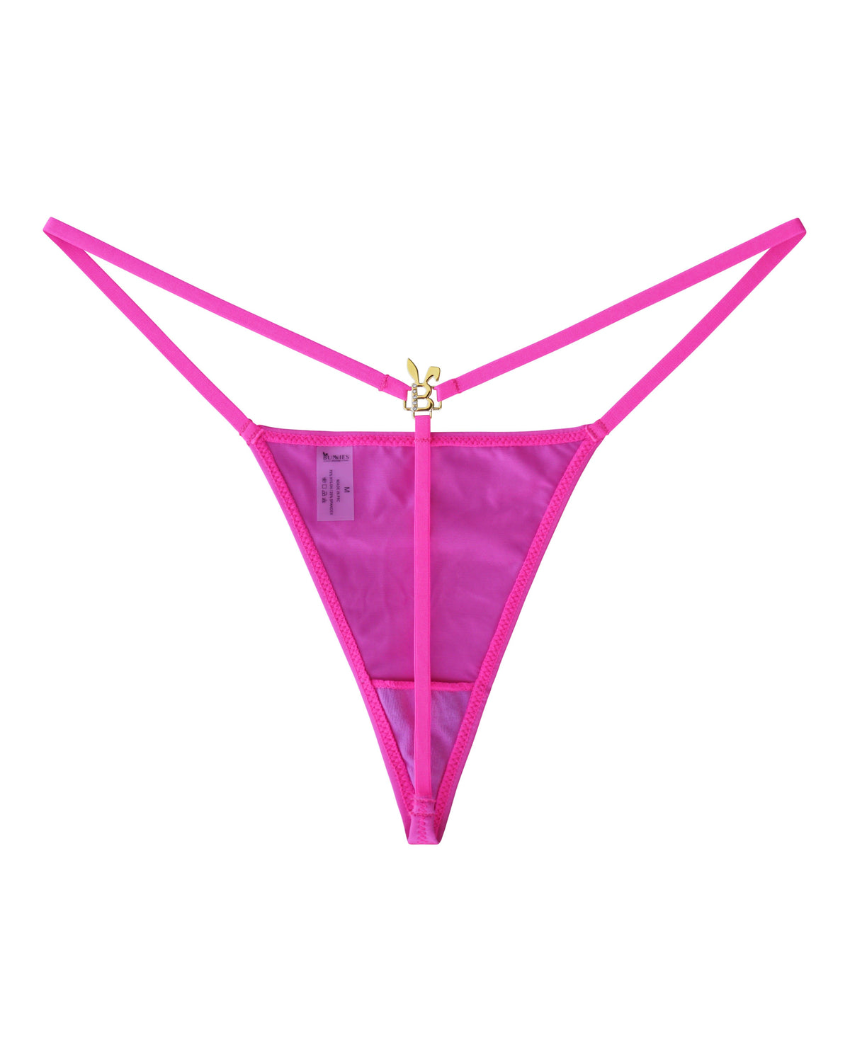 Hot pink Bunnies Room lingerie g-string with minimal coverage and satin-like fabric, displayed on a plain background.