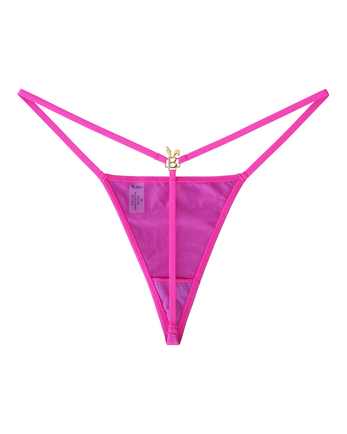 Hot pink Bunnies Room lingerie g-string with minimal coverage and satin-like fabric, displayed on a plain background.
