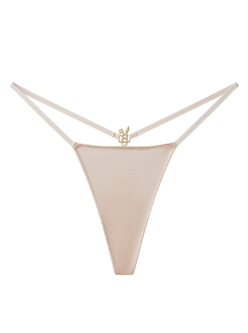 Nude Bunnies Room lingerie g-string with thin straps and minimal back coverage, styled on a mannequin.