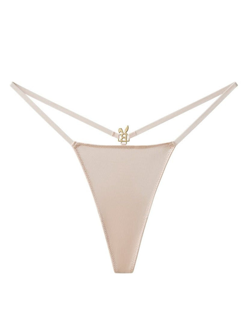 Nude Bunnies Room lingerie g-string with thin straps and minimal back coverage, styled on a mannequin.