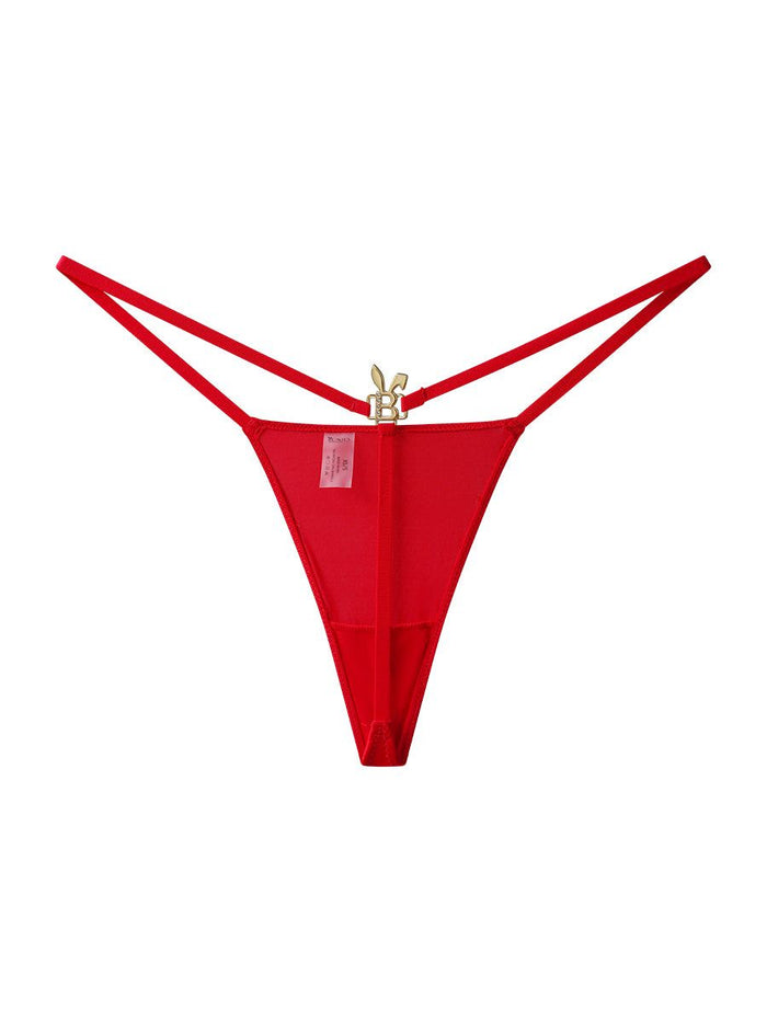 Red Bunnies Room lingerie g-string with minimal coverage and adjustable straps, shown on a plain background.