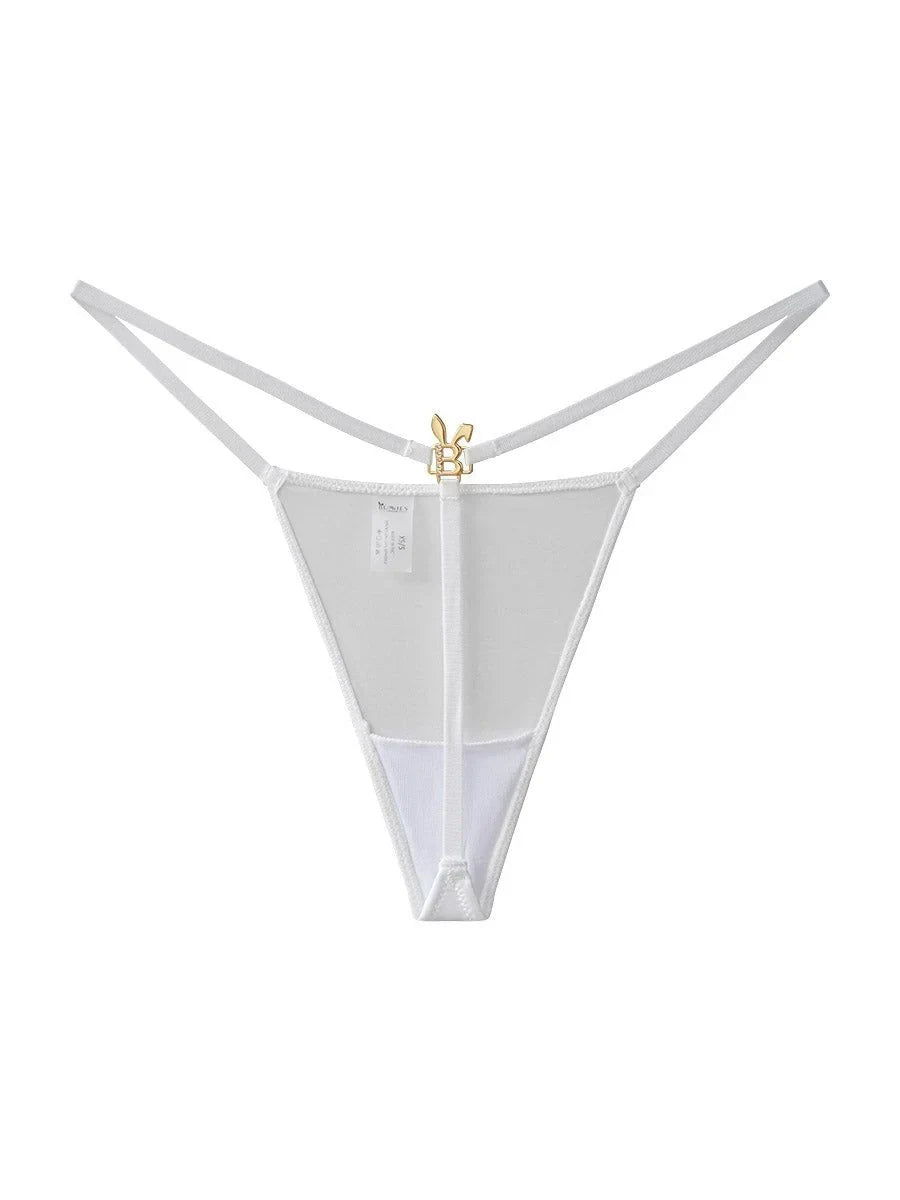 White Bunnies Room lingerie G-string thong with minimal coverage, featuring delicate elastic straps and smooth fabric.