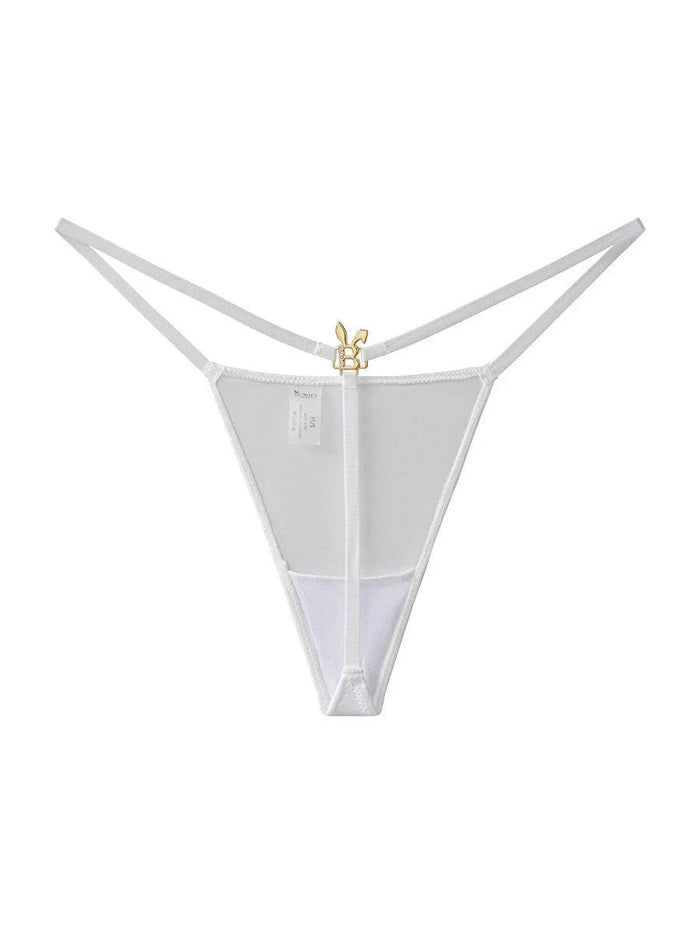 White Bunnies Room lingerie G-string thong with minimal coverage, featuring delicate elastic straps and smooth fabric.