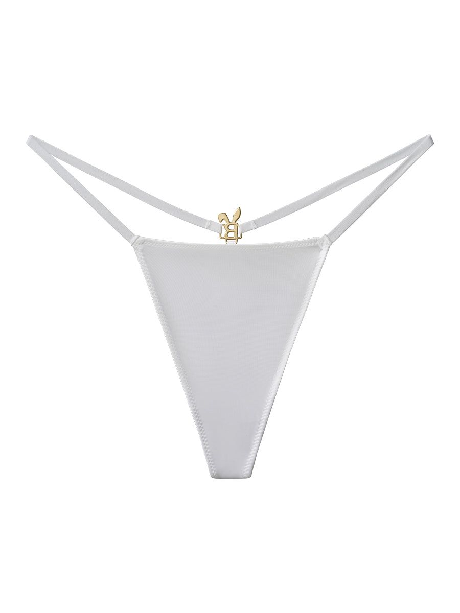 White BUNNIES ROOM lingerie g-string with minimal coverage, showcasing smooth fabric and delicate design.