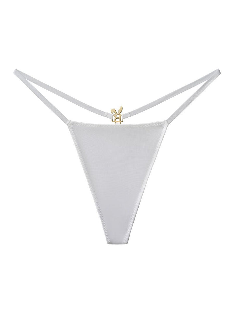 White BUNNIES ROOM lingerie g-string with minimal coverage, showcasing smooth fabric and delicate design.