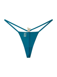 Teal blue Bunnies Room lingerie g-string with minimal coverage, soft fabric, and delicate waistband on a plain background.