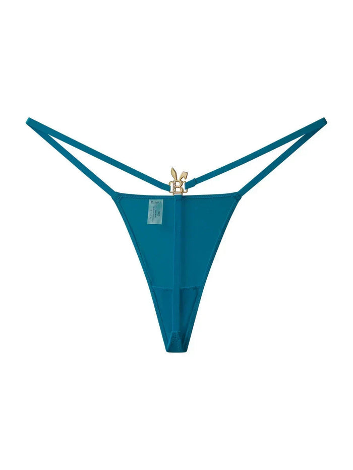 Teal blue Bunnies Room lingerie g-string with minimal coverage, soft fabric, and delicate waistband on a plain background.