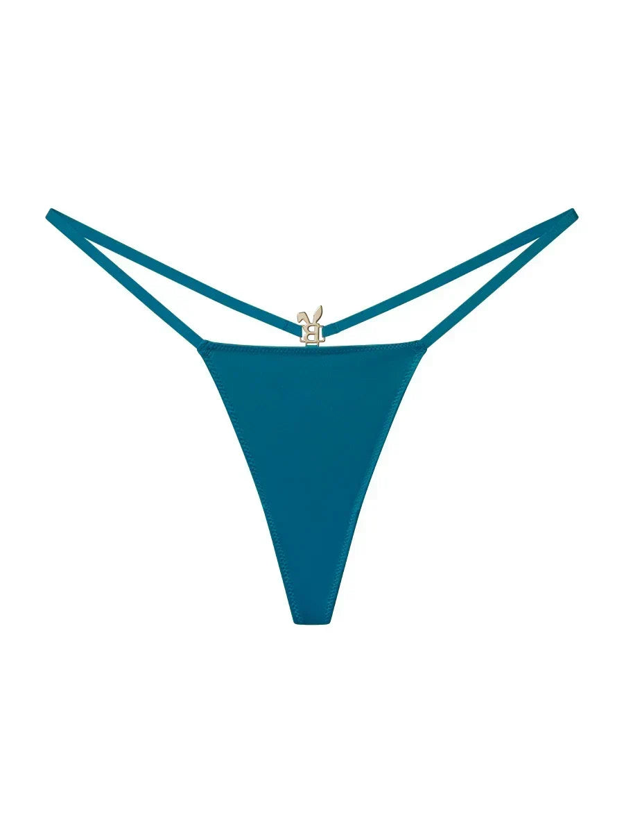 Teal blue Bunnies Room lingerie G-string with minimal coverage and thin waistband, close-up of the fabric and design details.