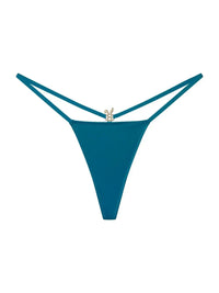 Teal blue Bunnies Room lingerie G-string with minimal coverage and thin waistband, close-up of the fabric and design details.
