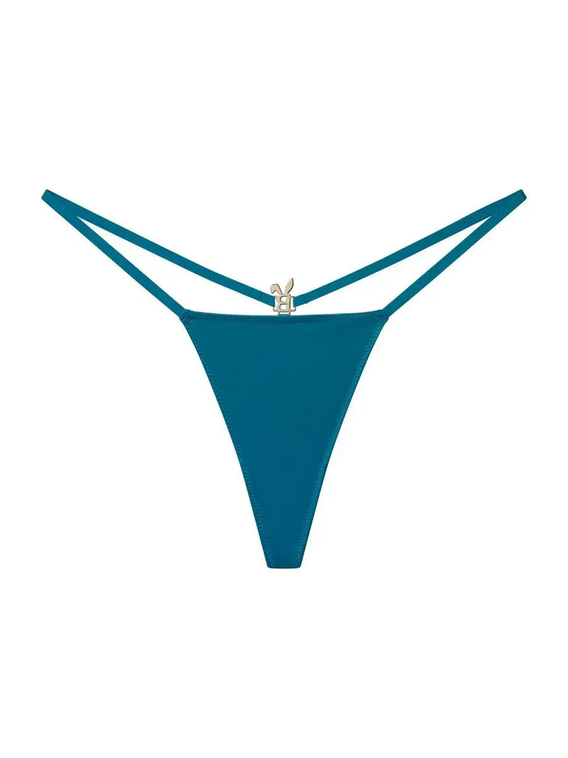Teal blue Bunnies Room lingerie G-string with minimal coverage and thin waistband, close-up of the fabric and design details.