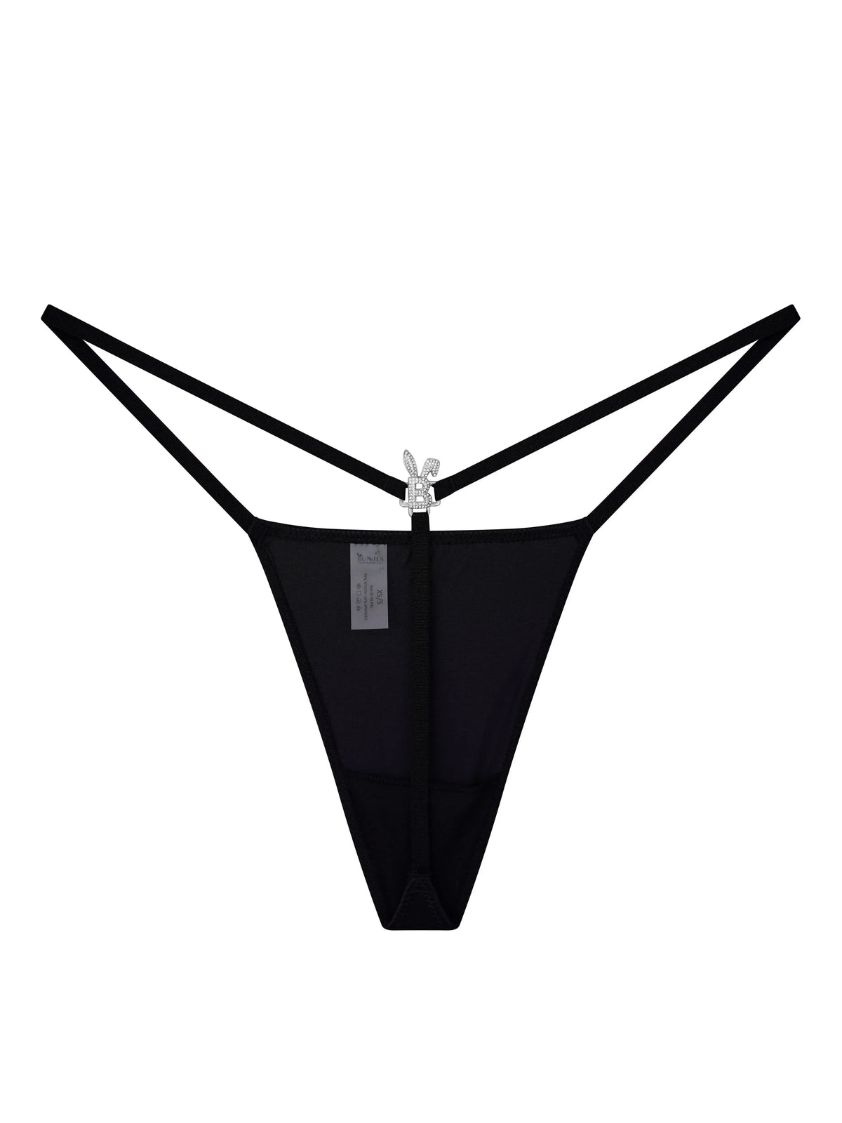 Black Bunnies Room Iced Out G-String lingerie with metallic accents, displayed on a hanger.