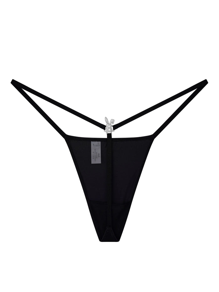Black Bunnies Room Iced Out G-String lingerie with metallic accents, displayed on a hanger.