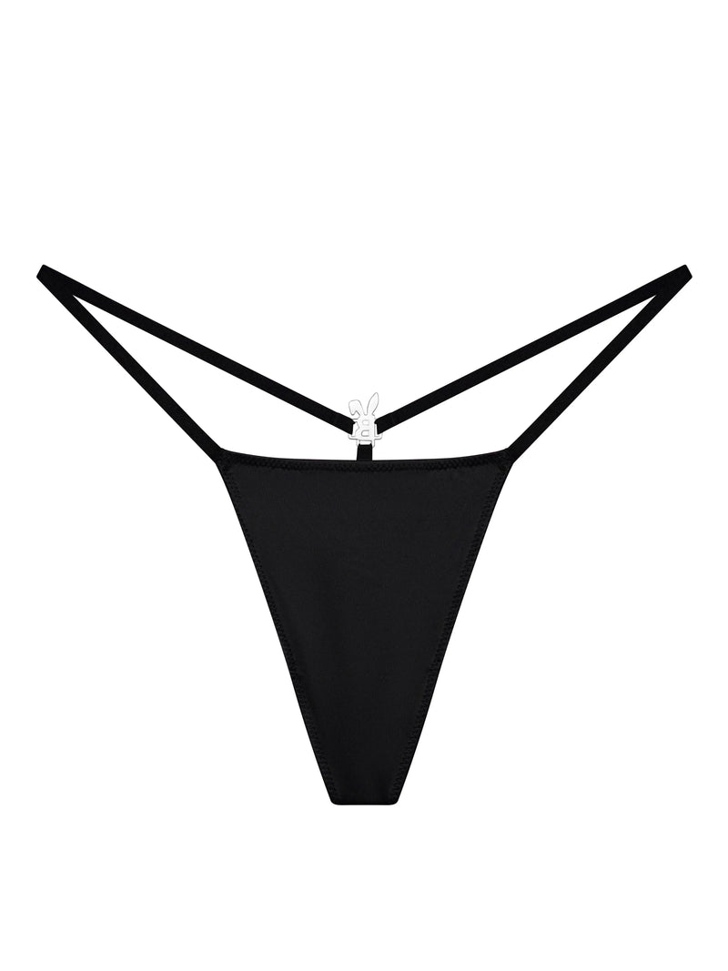 Black iced out G-string lingerie from Bunnies Room, featuring sparkling embellishments and minimal design.