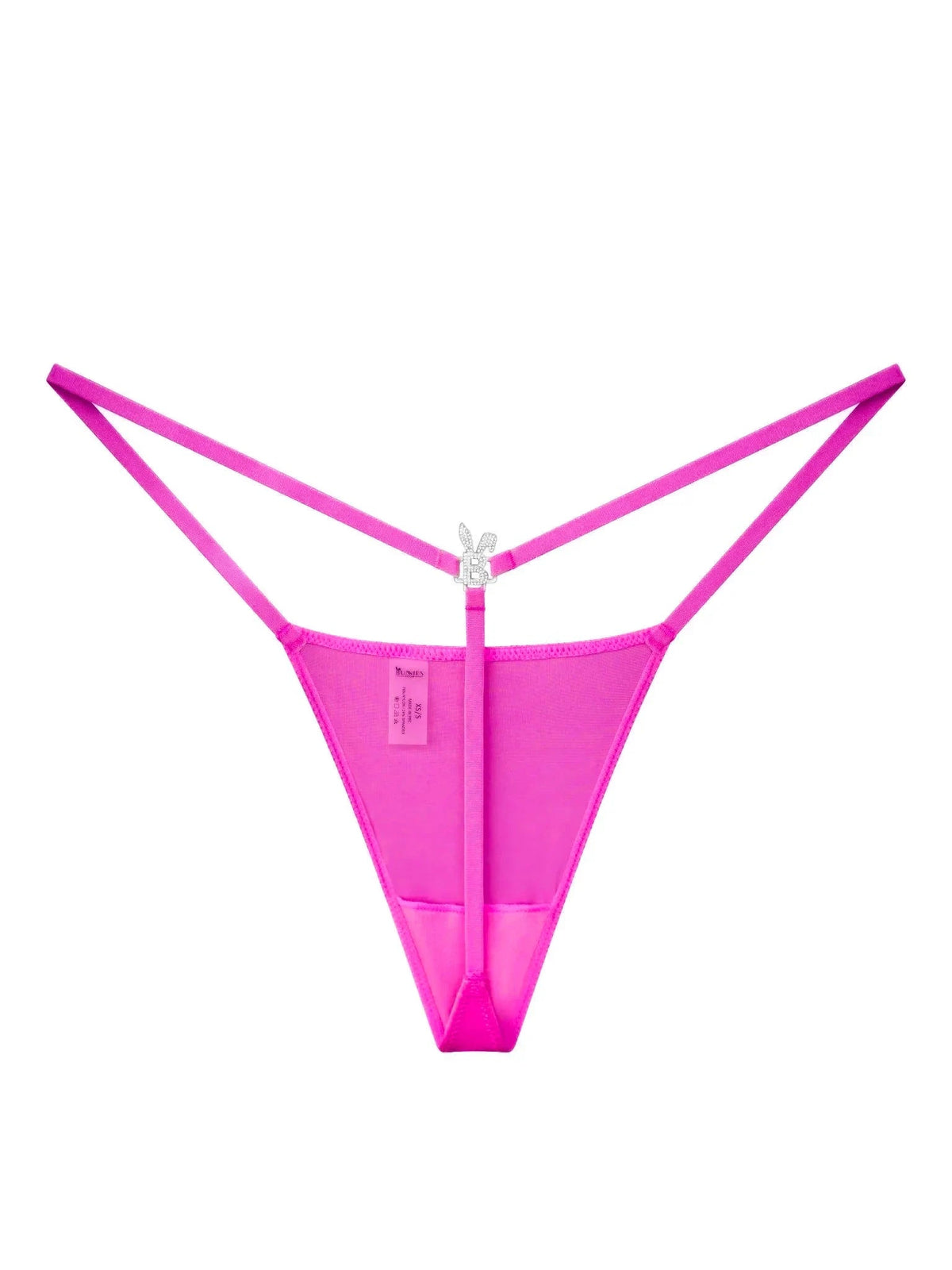 Hot pink Bunnies Room Iced Out G-String lingerie with sparkling embellishments, shown on a model.