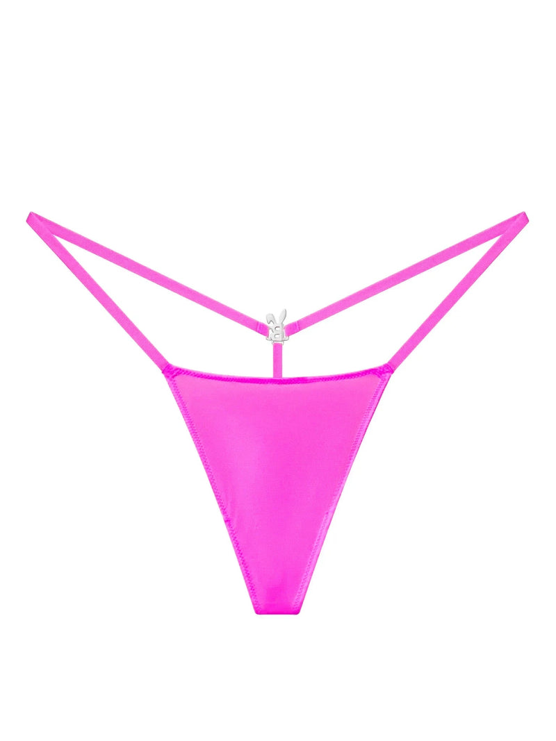 Hot pink iced out G-string lingerie from Bunnies Room, featuring sparkling embellishments and minimal coverage.