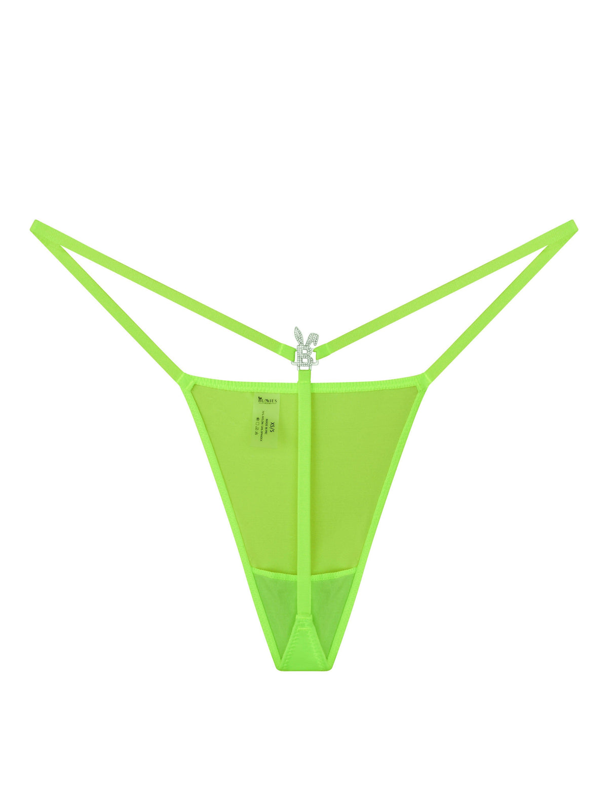 Neon green Bunnies Room iced out G-string lingerie with sparkling embellishments and minimal design, displayed on a mannequin.