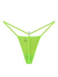 Neon green Bunnies Room iced out G-string lingerie with sparkling embellishments and minimal design, displayed on a mannequin.
