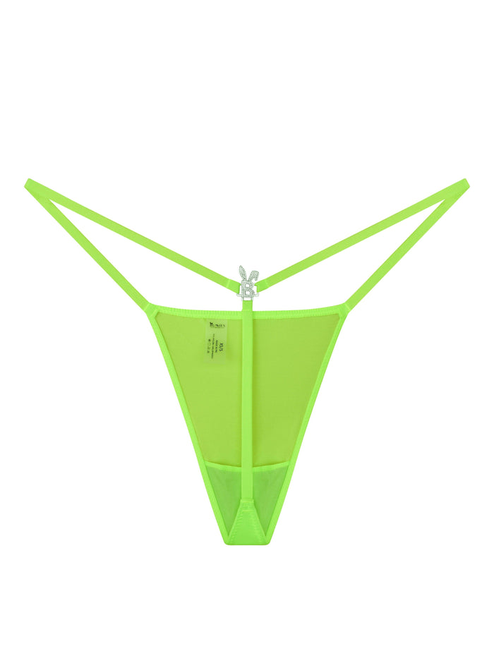 Neon green Bunnies Room iced out G-string lingerie with sparkling embellishments and minimal design, displayed on a mannequin.