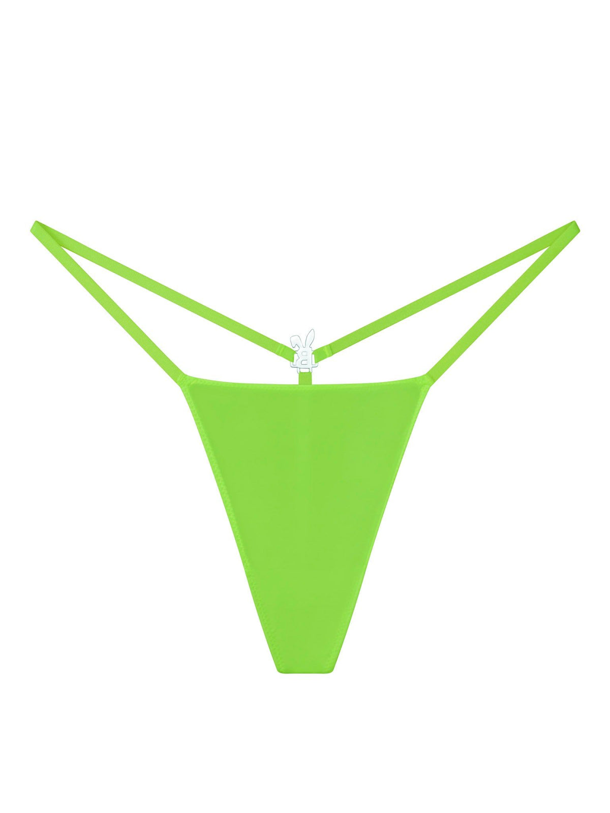 Neon green Bunnies Room iced out G-string lingerie with sparkling details, displayed on a model.
