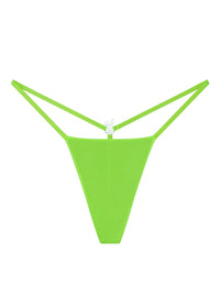 Neon green Bunnies Room iced out G-string lingerie with sparkling details, displayed on a model.