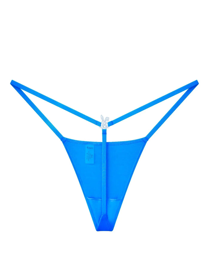 Ocean blue BUNNIES ROOM iced out G-string lingerie with sparkling embellishments and minimal coverage, displayed on a flat surface.