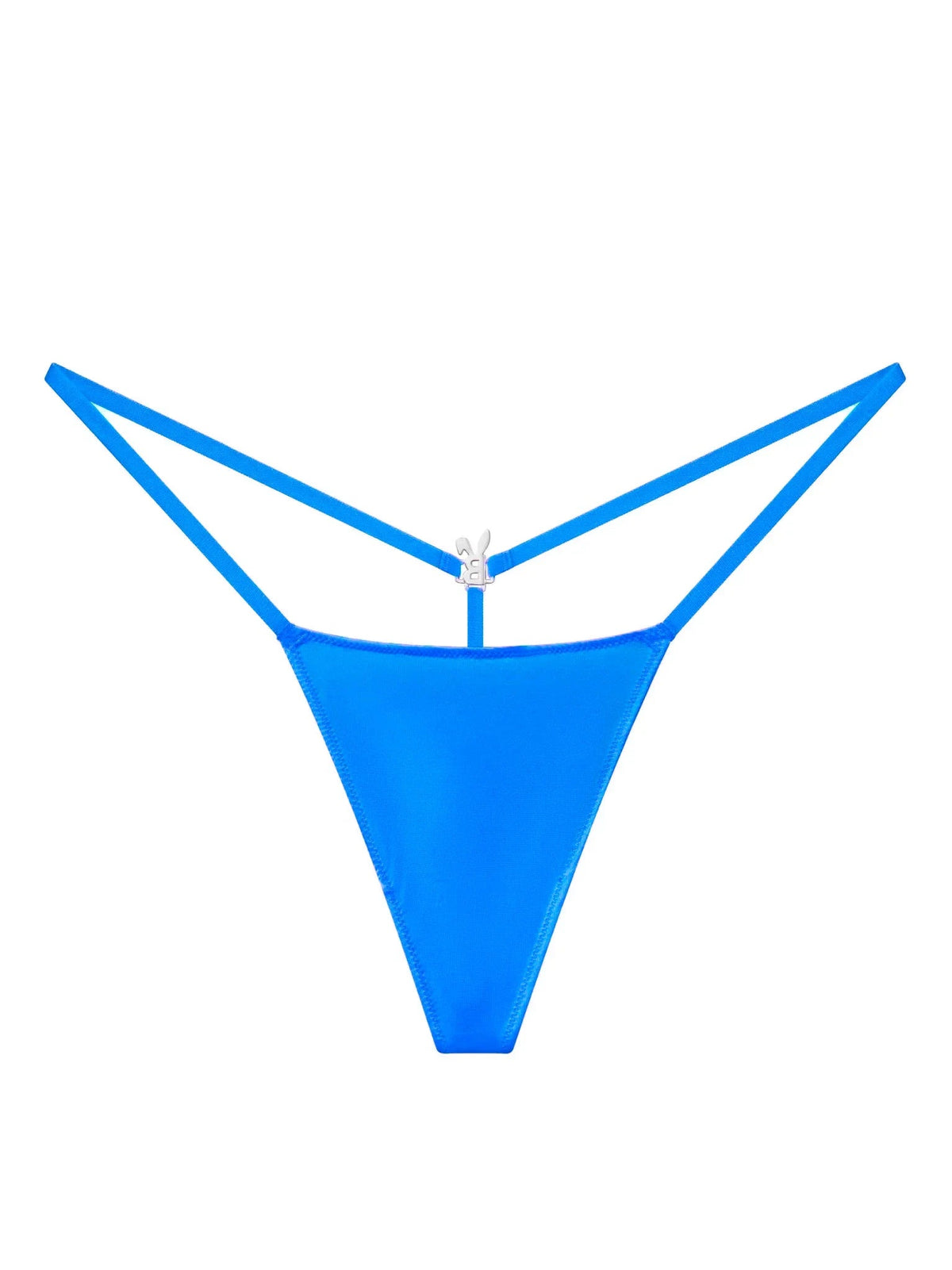 Bunnies Room iced out ocean blue G-string lingerie with sparkling embellishments, shown on a white background.