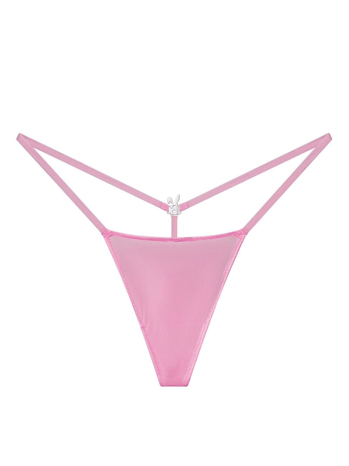 Front view of Bunnies Room Iced Out G-String in pink lingerie, showcasing its shiny, embellished design and minimal coverage.