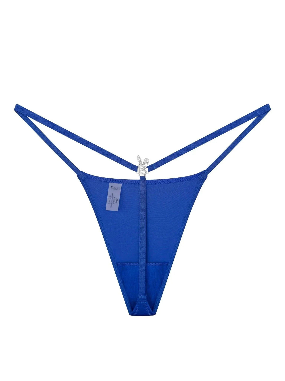 Royal blue Bunnies Room iced out G-string lingerie with sparkling embellishments, displayed on a neutral background.