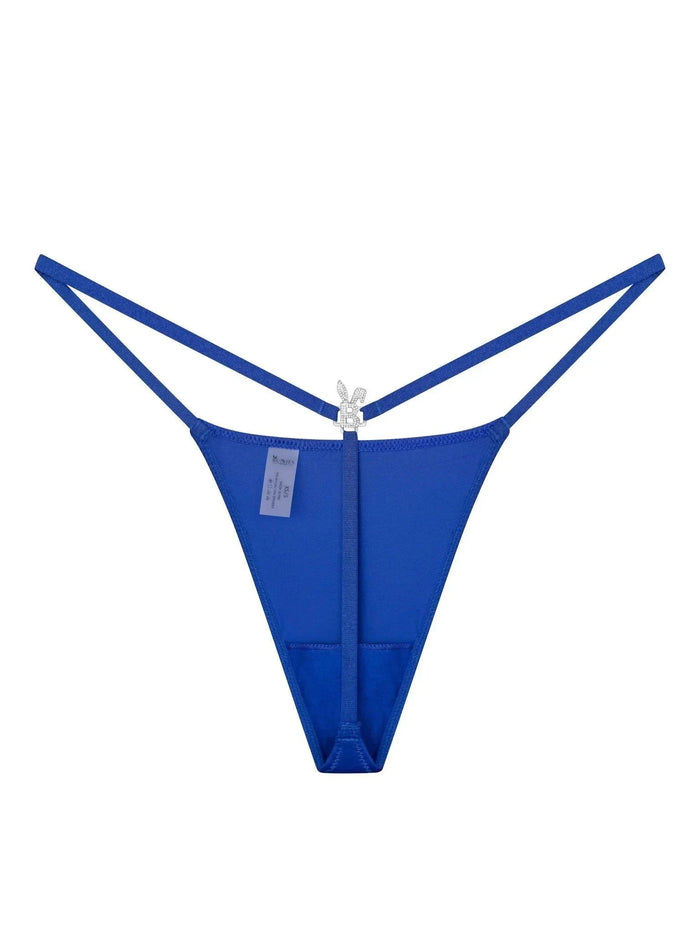 Royal blue Bunnies Room iced out G-string lingerie with sparkling embellishments, displayed on a neutral background.