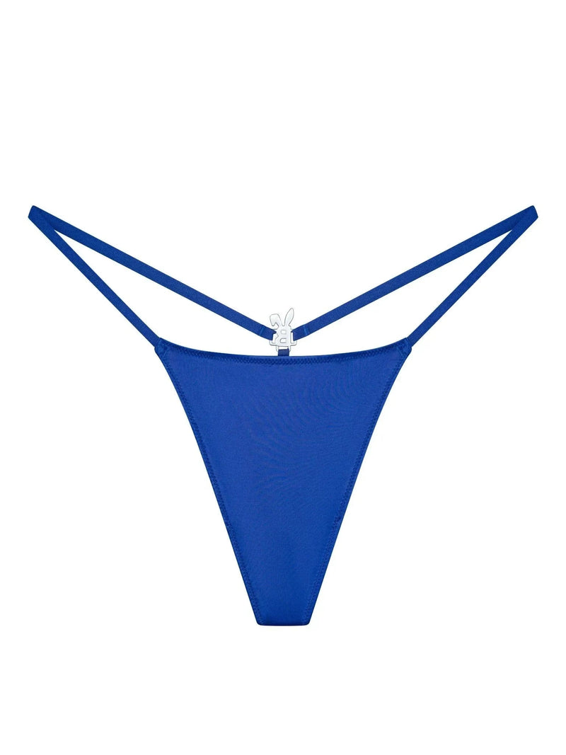 Royal blue Bunnies Room iced out G-string lingerie with sparkling embellishments, showcasing the front view.