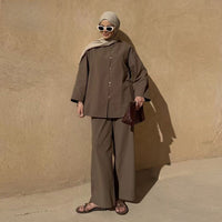 Button-Front Longline Top & Wide-Leg Trouser Set(MS456)