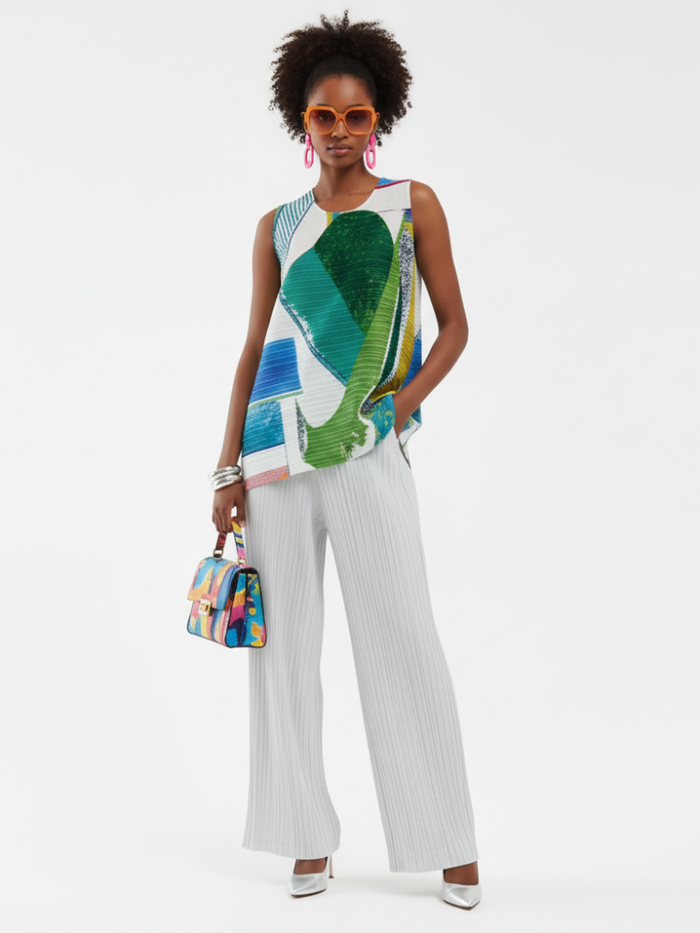 Pleated printed sleeveless top featuring Coney Island design by BYMANYC New York, casual women's summer fashion.