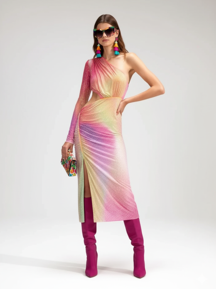 BYMANYC New York one-shoulder slit dress with cinched waist, stylish women's evening dress showcasing elegant design.