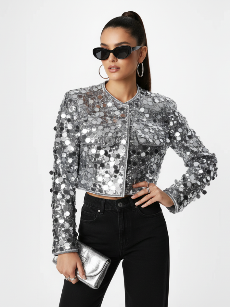 Shimmering silver sequin jacket for women by BYMANYC New York, stylish outerwear perfect for Times Square fashion scenes.