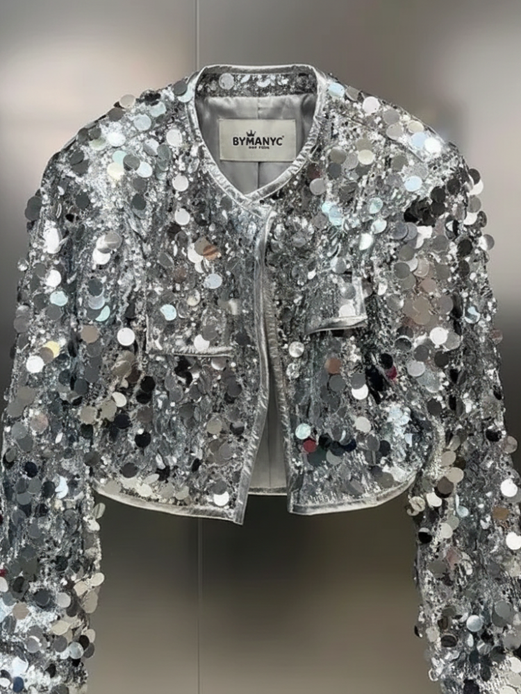 Silver sequin jacket for women by BYMANYC New York, featuring shiny sequins and stylish design inspired by Times Square.