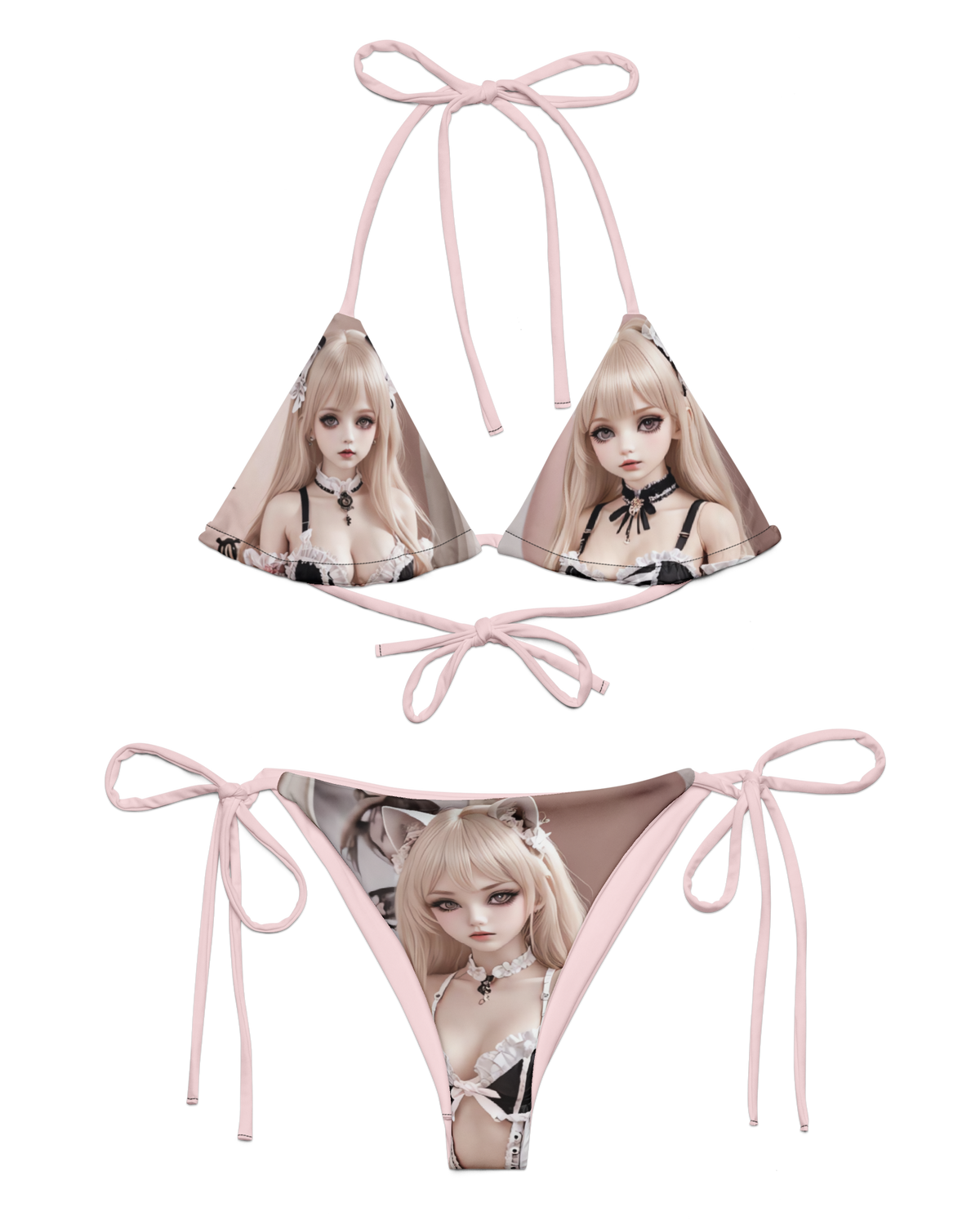 Pink digital doll bikini swimwear by Cats n Scribbles, featuring a ballet-inspired design with adjustable straps and a fun, youthful style.