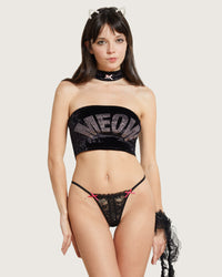 Black lace-up G-string underwear for women from Cats n Scribbles, featuring a playful kitty girl design.