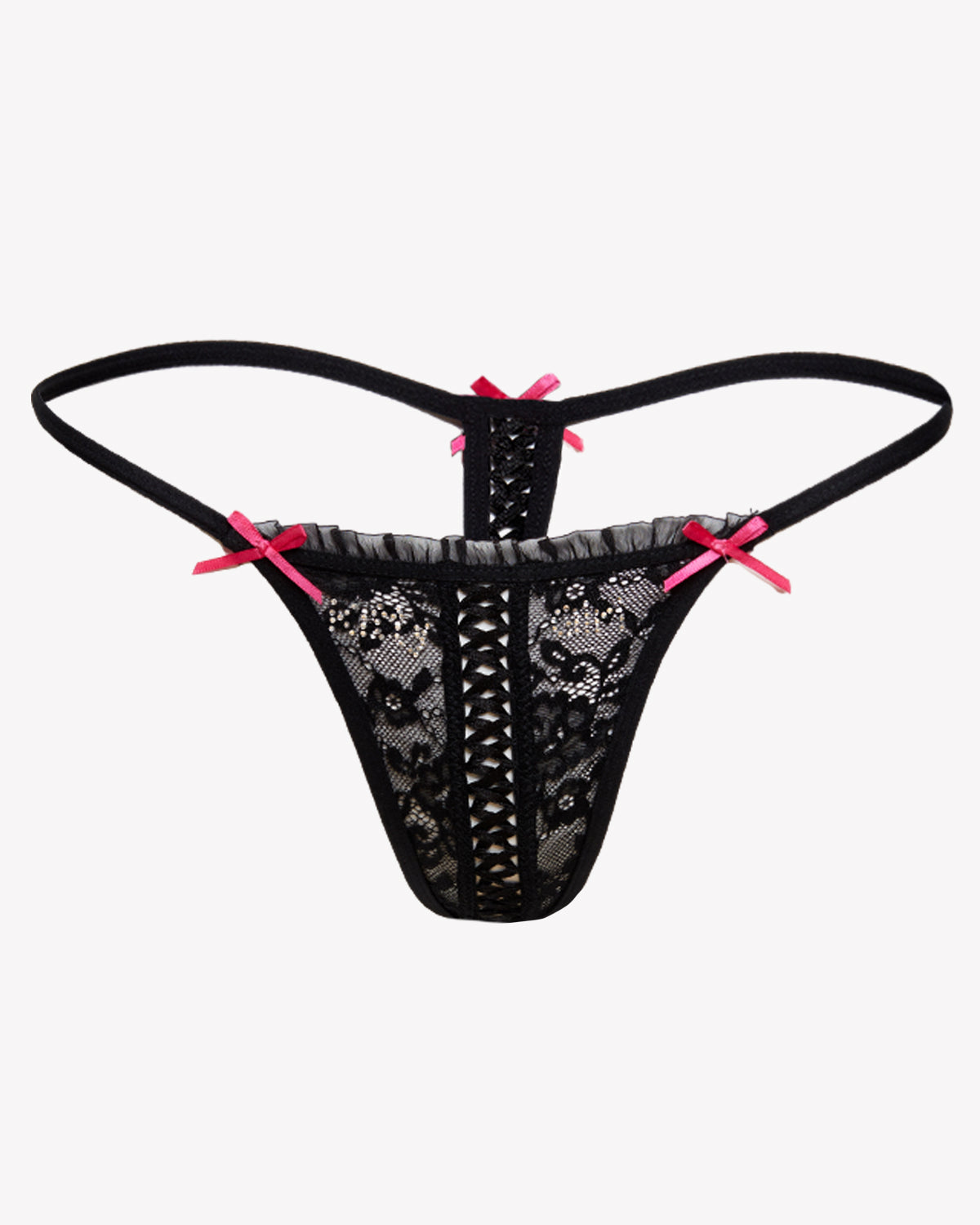 Black Kitty Girl lace-up G-string underwear by Cats n Scribbles, featuring delicate lace details and minimal coverage.