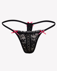Black Kitty Girl lace-up G-string underwear by Cats n Scribbles, featuring delicate lace details and minimal coverage.