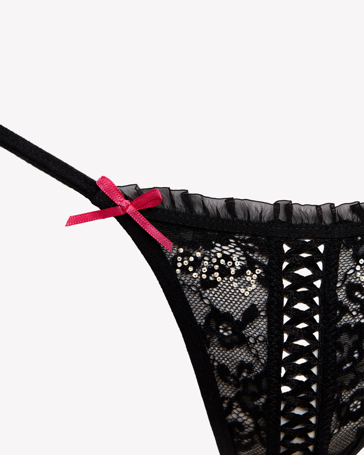 Black lace-up G-string underwear by Cats n Scribbles featuring a playful kitty girl design.