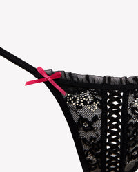Black lace-up G-string underwear by Cats n Scribbles featuring a playful kitty girl design.