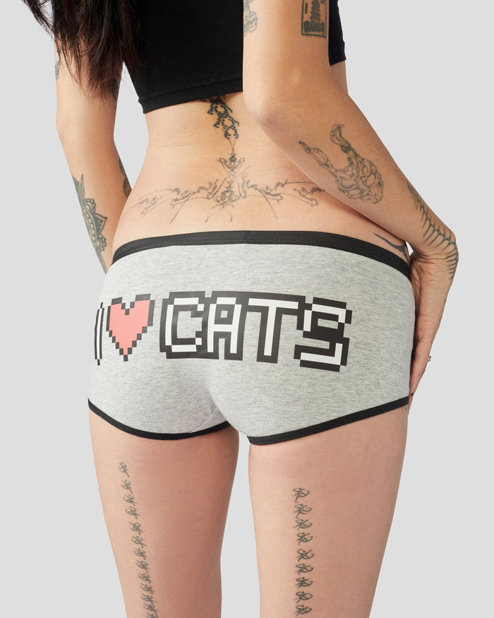 Gray I ♥ Cats boyshorts underwear by Cats n Scribbles, featuring a playful cat graphic and comfortable fit.