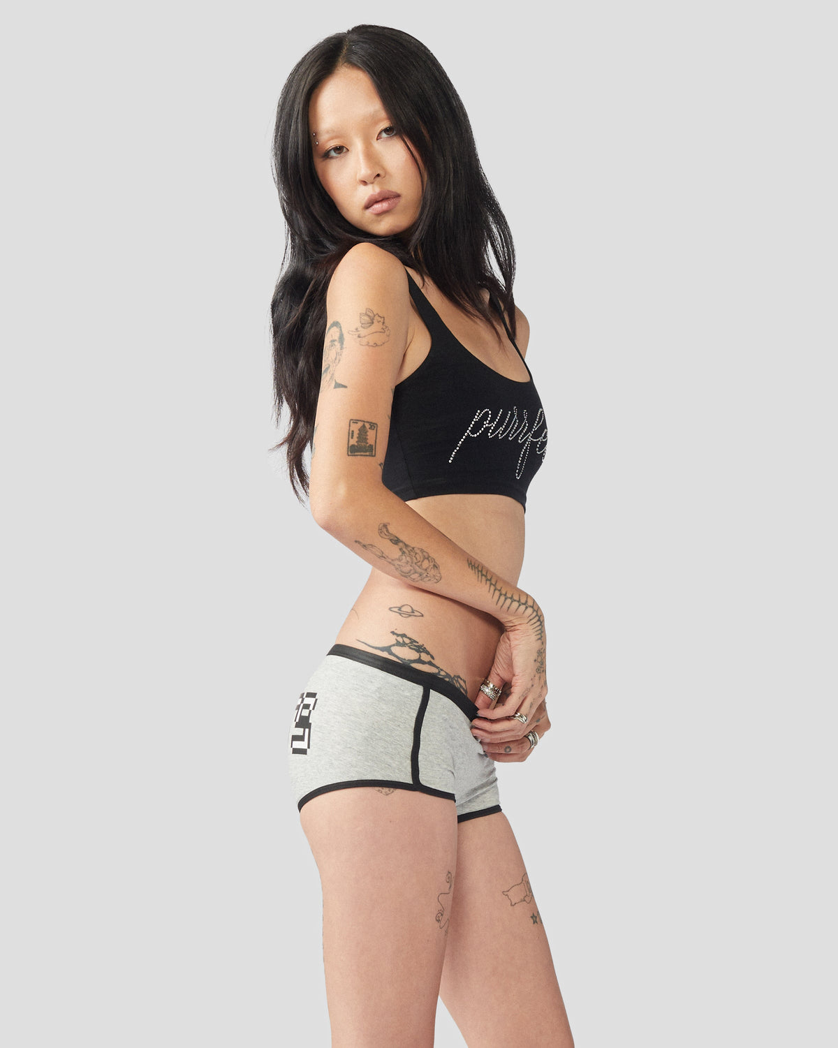 Gray I ♥ Cats boyshorts underwear by Cats n Scribbles, featuring a playful cat print and comfortable fit.