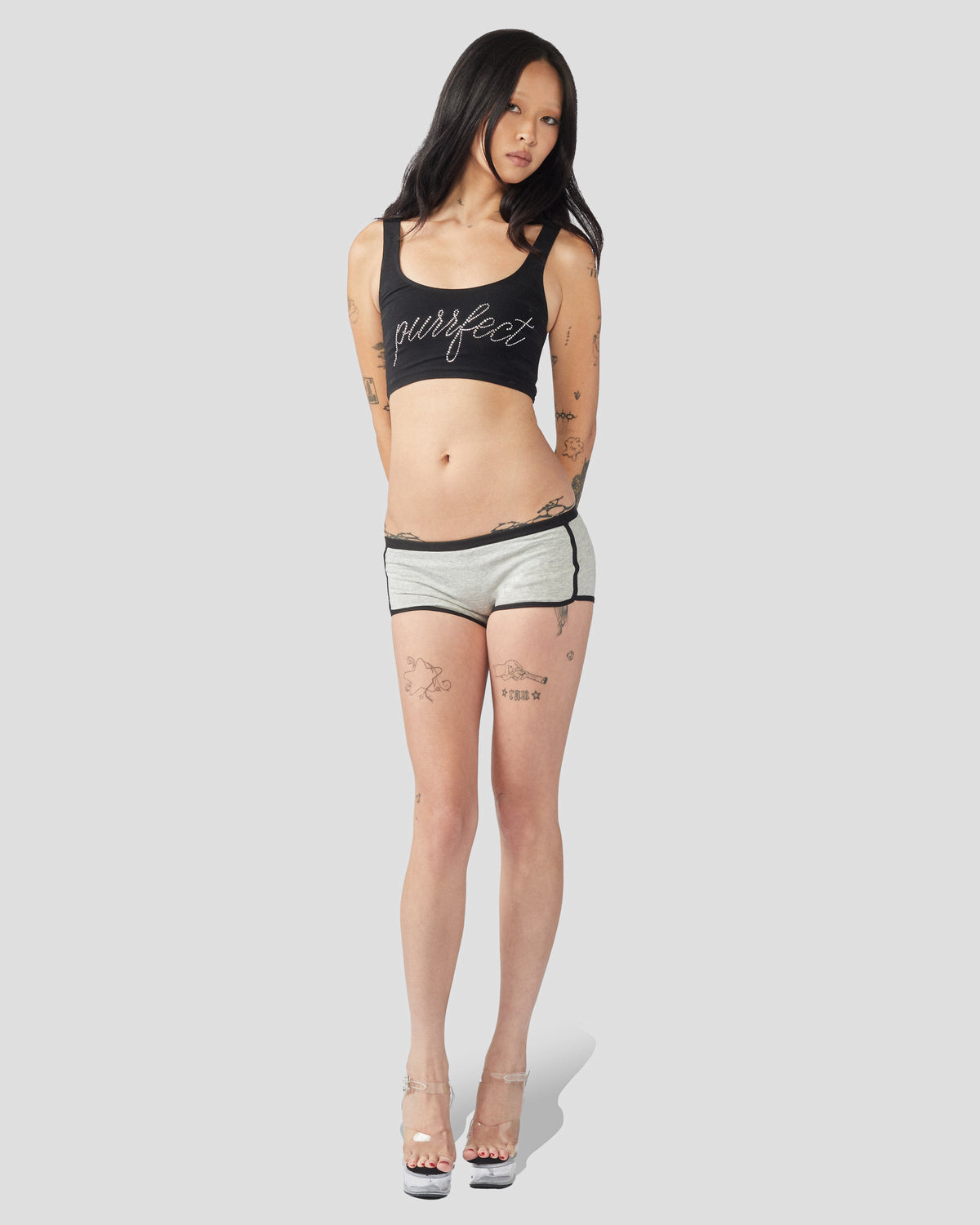 Gray I ♥ Cats boyshort underwear by Cats n Scribbles, featuring a playful cat graphic on soft cotton fabric.