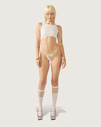 Cats n Scribbles CNS x DOLLZ 2000 Felix G-String underwear, white with colorful graphic design, close-up view of the lingerie.